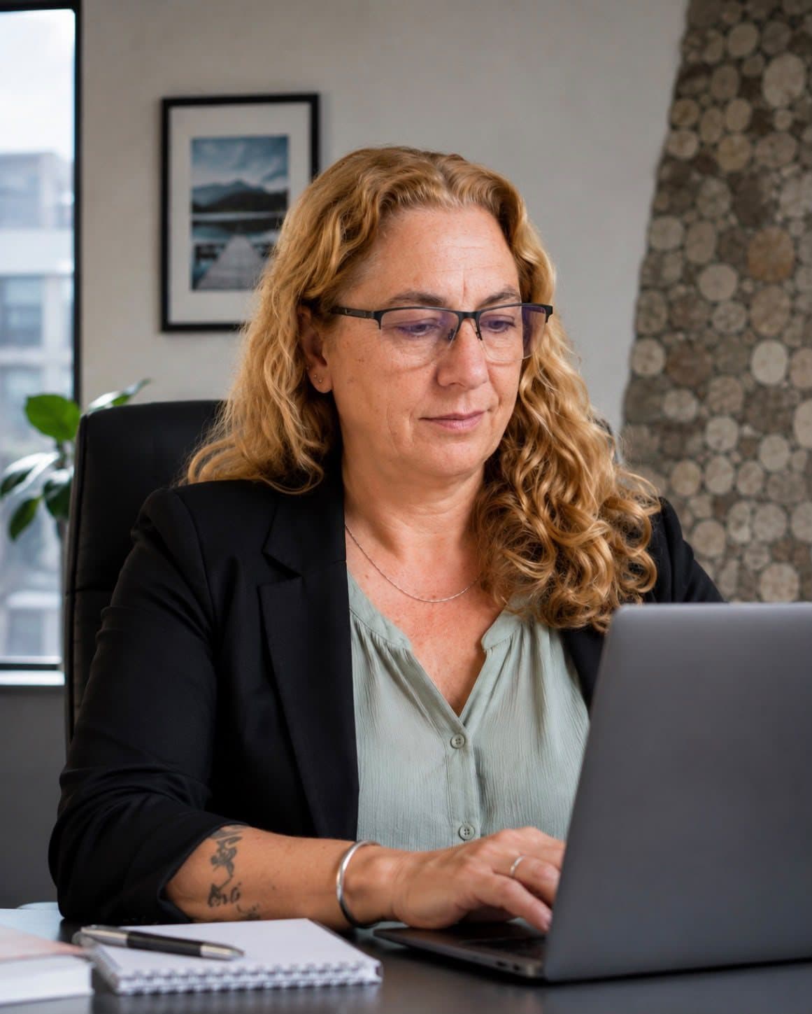 Daniela Leschinski am Laptop in ihrem Büro